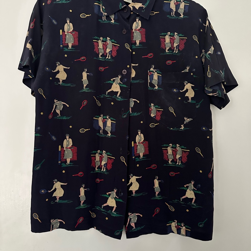 Navy Silk Blouse with Tennis theme Pattern